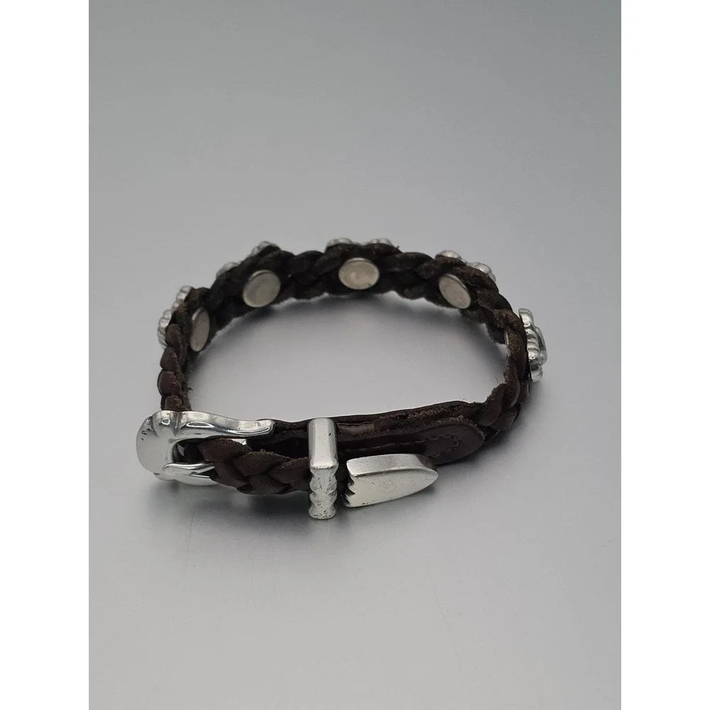 Vtg BRIGHTON Signed 1994 Bracelet Braided Leather Brown Silver Hearts FREE $HIP!